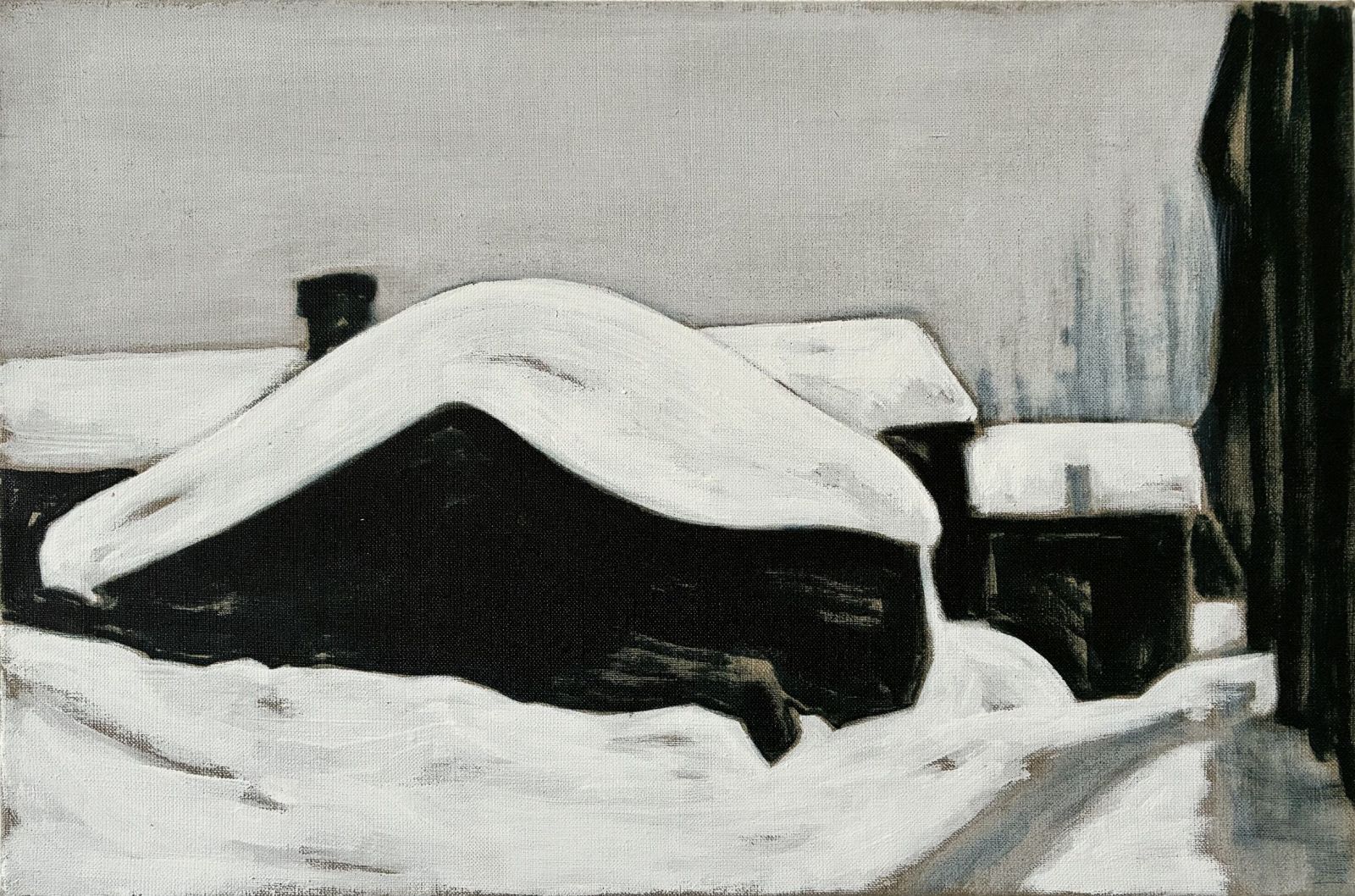 Dorf, 2025 I Tusche, Grundierweiß auf Leinen I 40x60 cm