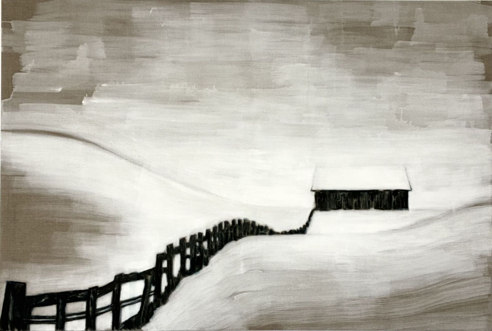 Holzweg, 2025 I Tusche, Grundierweiß auf Leinen I 135x200 cm