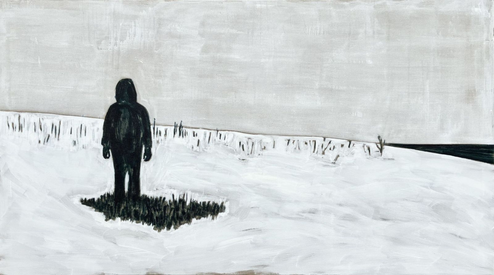 Schnee am Strand, 2026 I Tusche, Grundierweiß auf Leinen I 140x250 cm