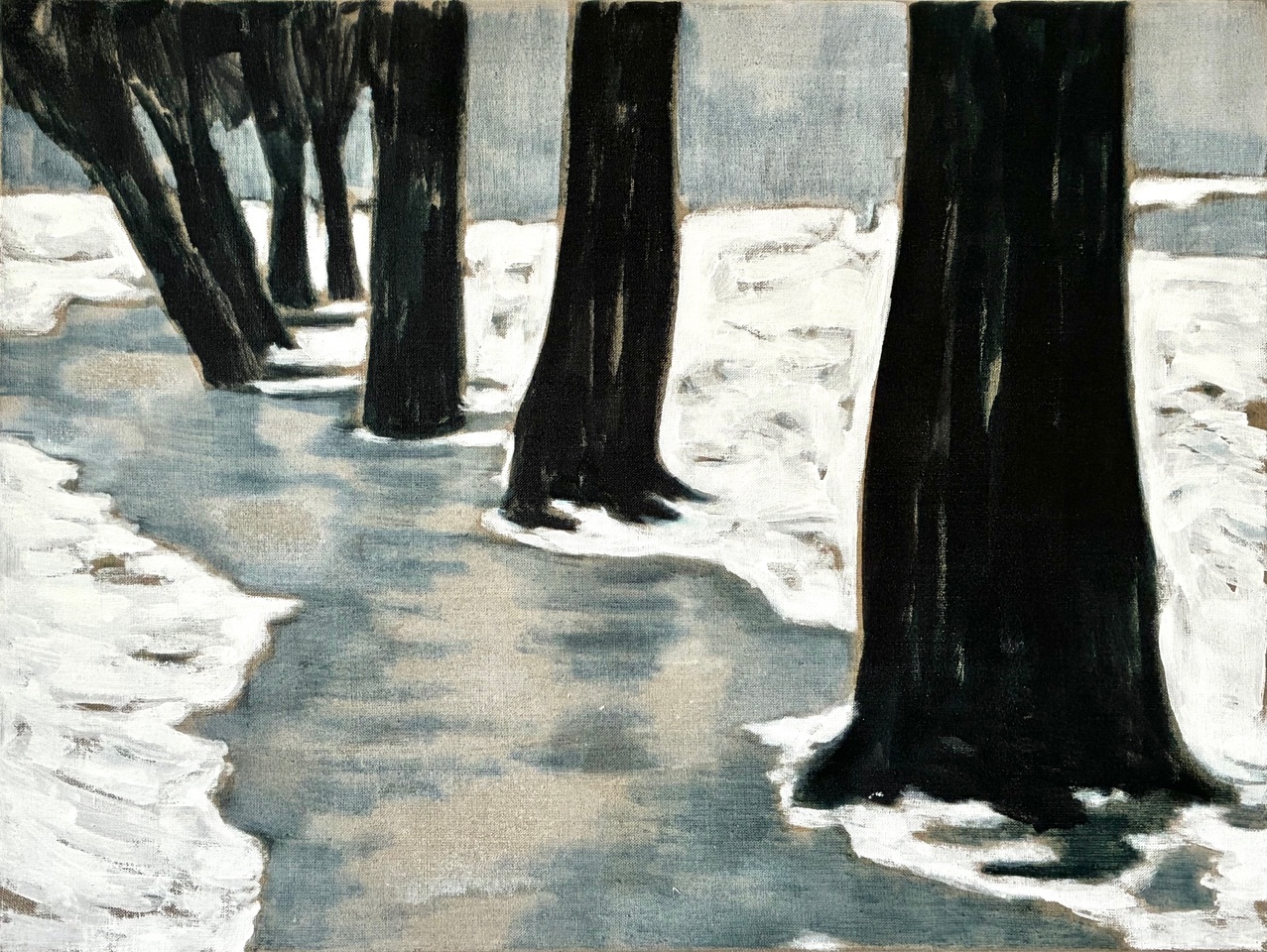 Bach, 2025 I Tusche, Grundierweiß auf Leinen I 60x80 cm